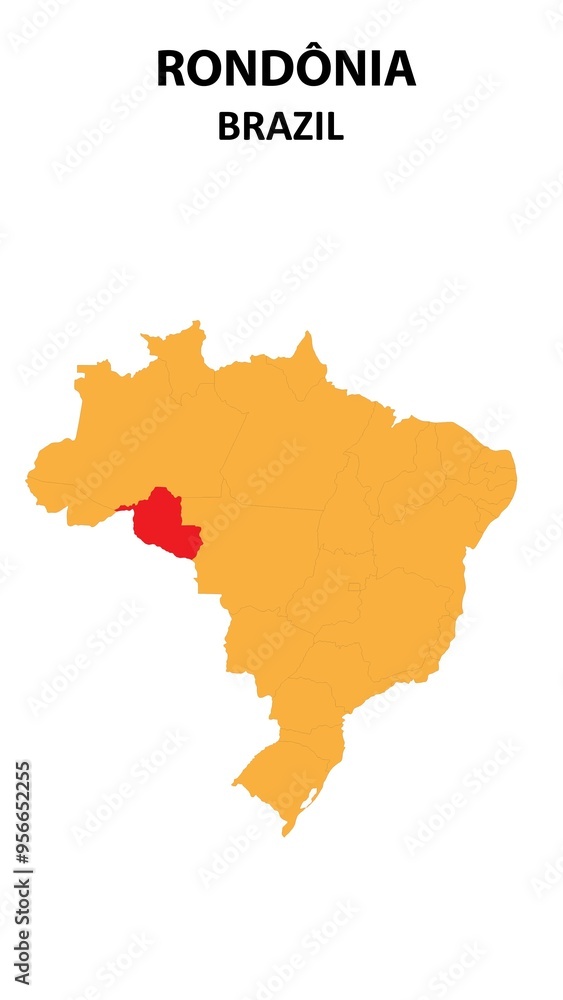 Rondônia Map is highlighted on the Brazil map with detailed state and region outlines. Rondônia Map is highlighted on the Brazil map with detailed state and region outlines.