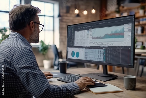 An expert focuses intently on a large monitor, analyzing data and writing notes at a tidy desk with a coffee mug. Generative AI