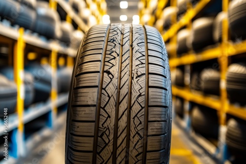 High-quality tire displayed in a warehouse setting. The intricate tread pattern highlights its durability and performance. Perfect for automotive enthusiasts and retailers. Generative AI