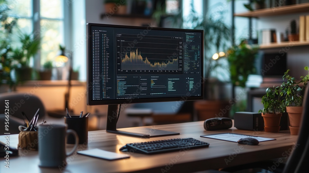 A focused individual engages with detailed data on a large monitor while surrounded by an organized desk layout. Generative AI