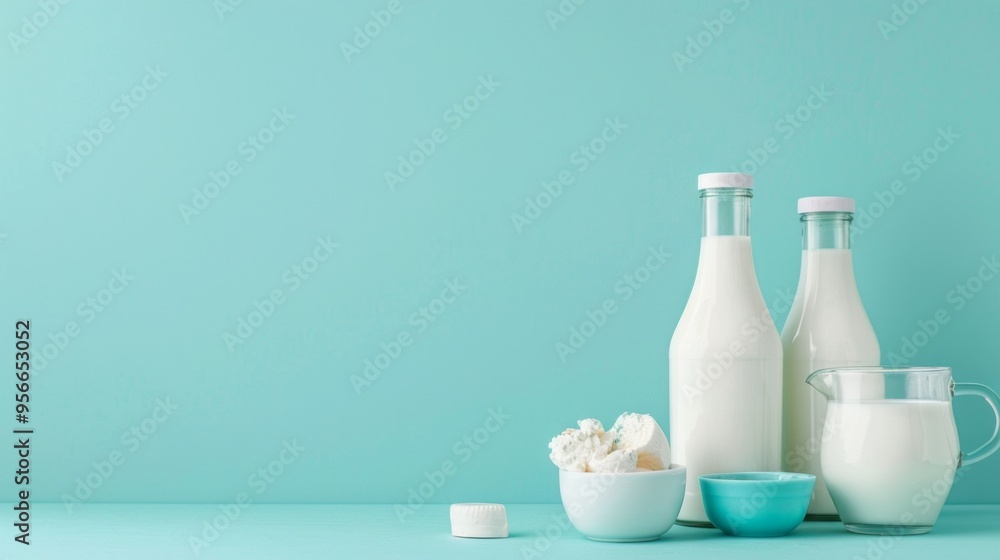 Image shows an array of dairy products like milk, yogurt, and cream neatly arranged against a light blue backdrop. Theme conveys freshness and purity. Image shows an array of dairy products like milk, yogurt, and cream neatly arranged against a light blue backdrop. Theme conveys freshness and purity.