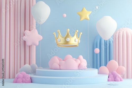 A cute 3D crown floating above a stage with some decoration, cartoonish design, adorable, pastel colors  photo