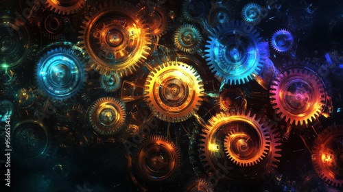 Abstract Glowing Gears in Black Background - Cyberpunk Technology Pattern.