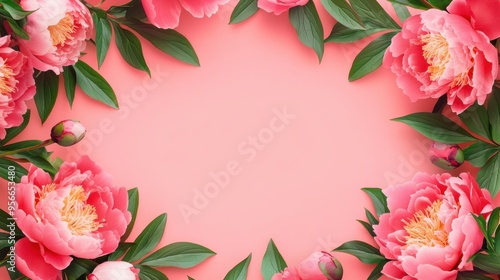 Pink Peony Flowers Border Frame with Green Leaves on Pink Background.