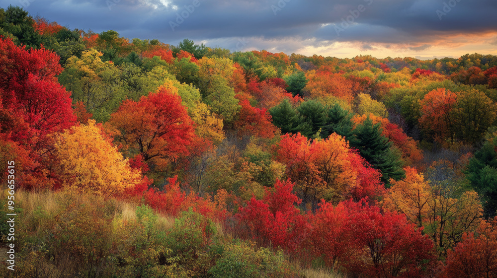 A tapestry of reds and oranges paints the landscape, nature’s final masterpiece before winter’s hush. A tapestry of reds and oranges paints the landscape, nature’s final masterpiece before winter’s hush.