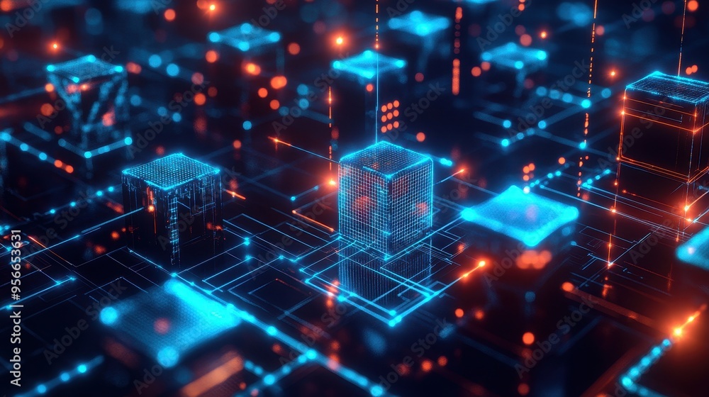Abstract Neon Blue and Orange Digital Network with Glowing Lines and Cubes Abstract Neon Blue and Orange Digital Network with Glowing Lines and Cubes