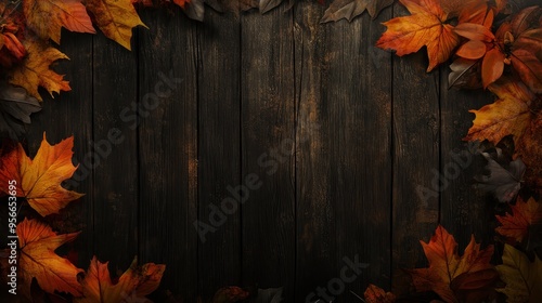 Autumn Leaves Frame on Rustic Dark Wood Background.