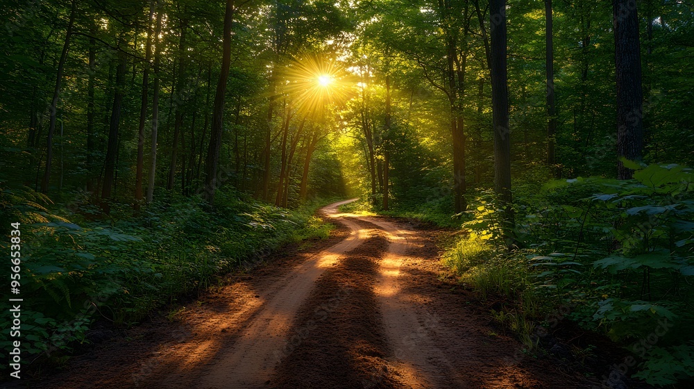 Obraz premium Sunlit forest path, bright woodland trail, dappled sunlight, lush green canopy, dirt road through trees, golden hour illumination, vibrant foliage, nature photography.