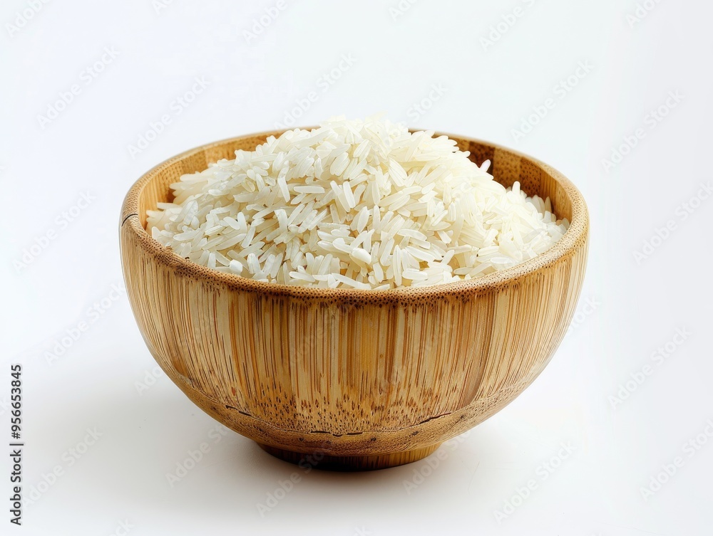 A bamboo bowl filled with cooked parboiled rice on a white background A bamboo bowl filled with cooked parboiled rice on a white background