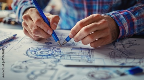 A close-up of an engineer's hands sketching advanced designs