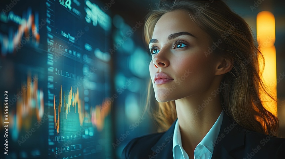 Woman in Suit Contemplating Financial Data on Screen Woman in Suit Contemplating Financial Data on Screen