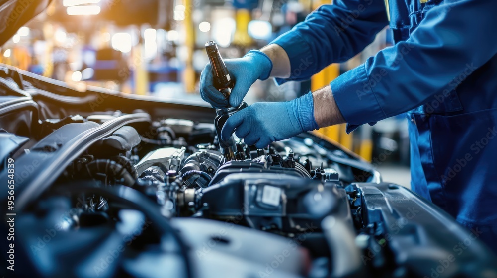 Obraz premium An automotive engineer examining the engine to improve performance.