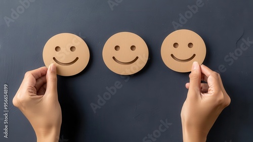 A business owner proudly placing a happy face with 5 stars on a feedback board, showcasing customer satisfaction as a top priority