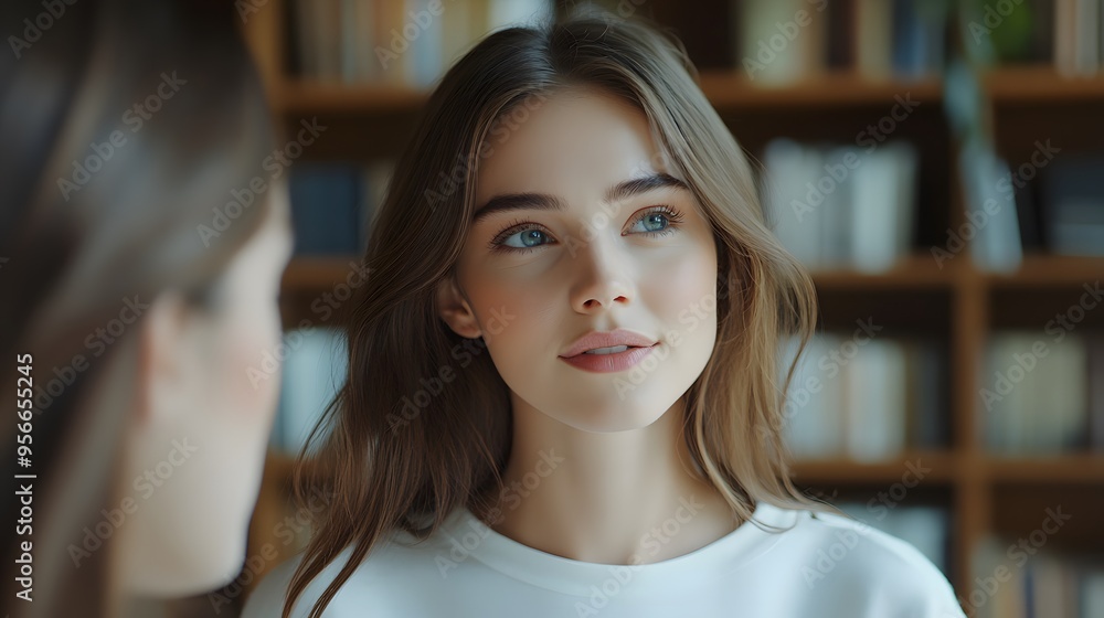 Fototapeta premium Two women in conversation, close-up portrait, bright interior, bookshelves background, soft natural lighting, brunette hair, white casual clothing, attentive expressions.