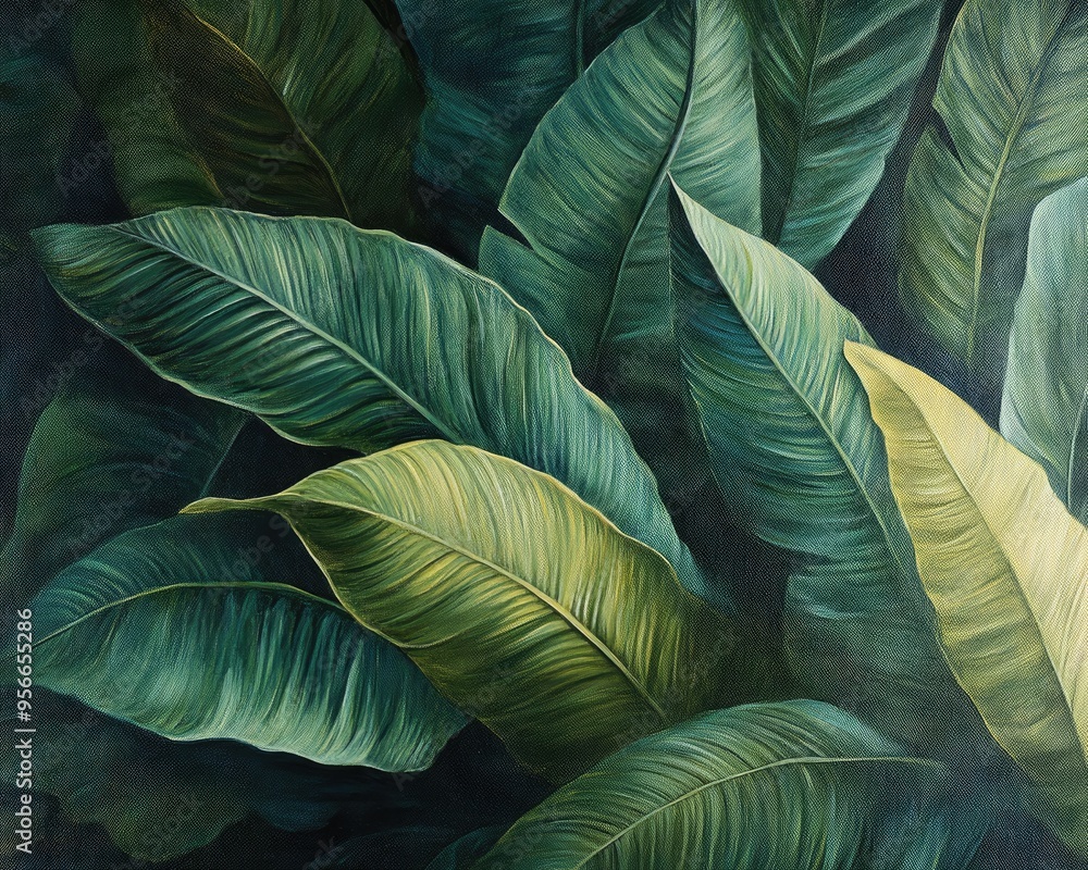 Obraz premium Oil painting showcasing textured large green leaves highlighting the unique characteristics and intricate details of foliage