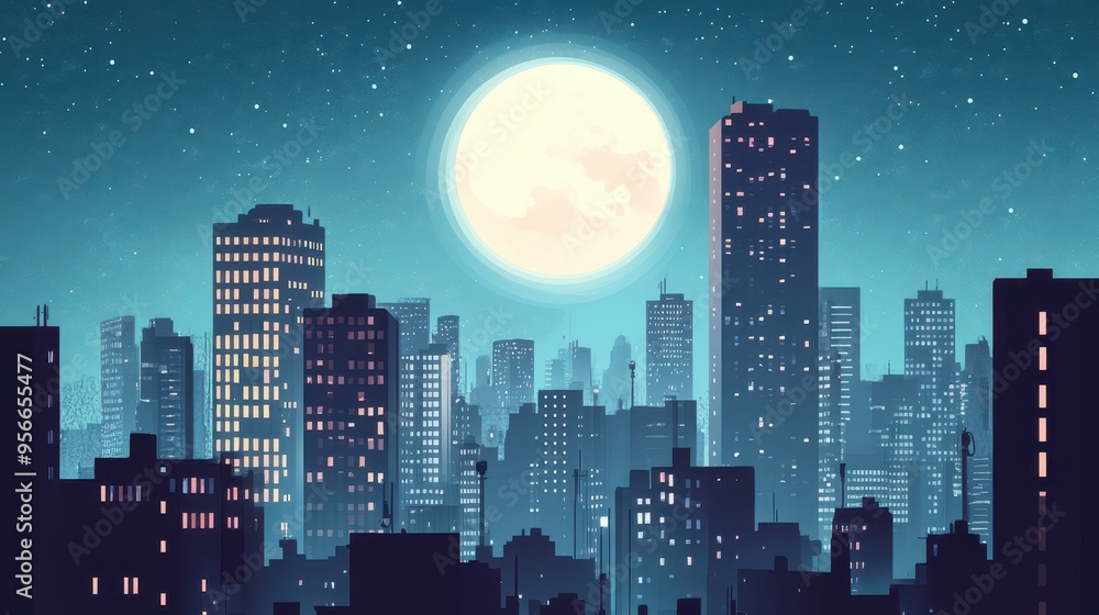 Night Cityscape with Full Moon and Stars - Digital Illustration Night Cityscape with Full Moon and Stars - Digital Illustration