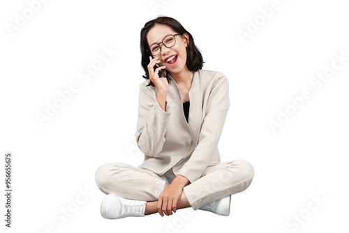 Woman sitting with crossed legs isolated transparent