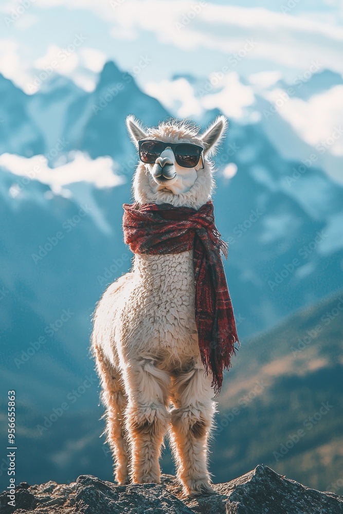 Naklejka premium A fluffy alpaca wearing sunglasses and a scarf, standing on a mountaintop.