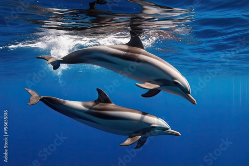 Joyful Dolphins Swimming Beneath a Luminous Ocean Surface