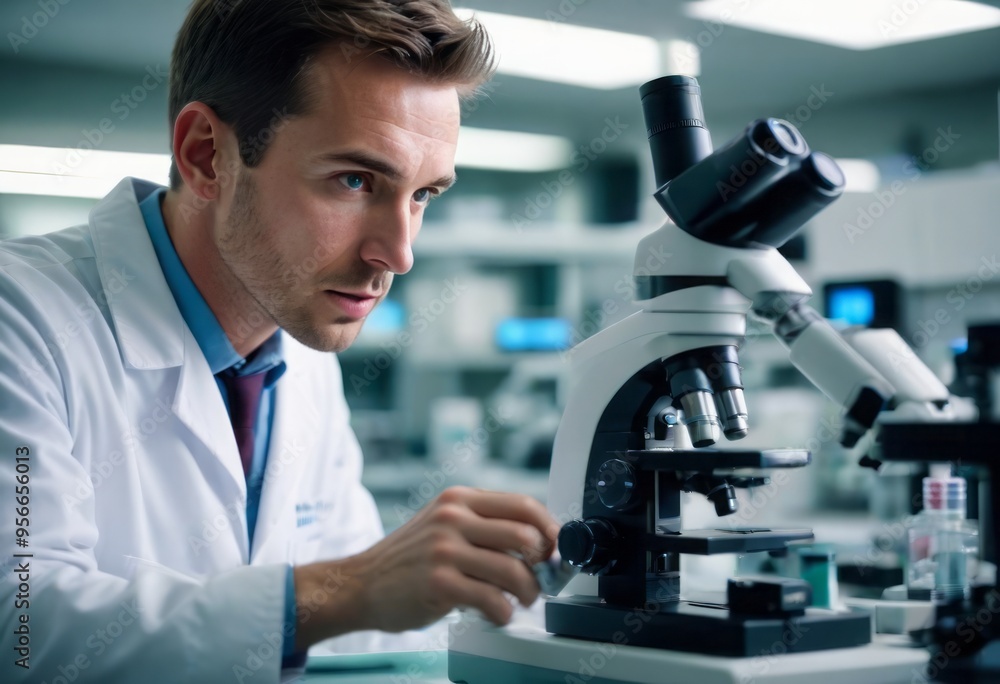 A scientist focusing on a specimen using a microscope in a well-equipped laboratory setting. A scientist focusing on a specimen using a microscope in a well-equipped laboratory setting.