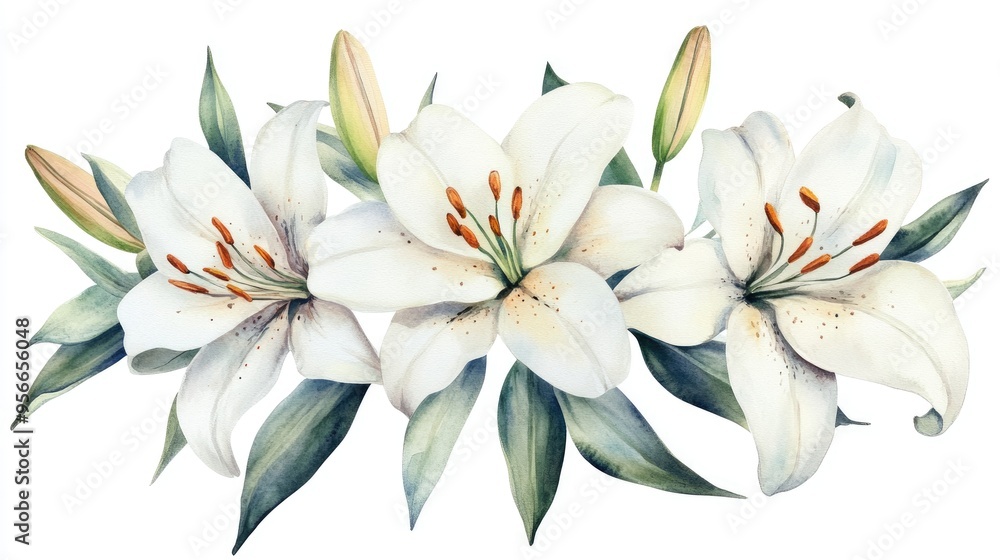 Fototapeta premium White lily arrangement Floral bouquet Isolated on a light background Hand drawn clipart suitable for wedding invitations birthday stationery greeting cards and scrapbooking Watercolor artwork