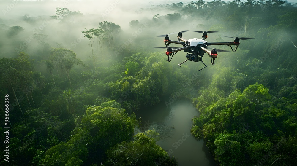 A future conservation effort, where AI monitors endangered species, and drones assist in reforestation and habitat restoration A future conservation effort, where AI monitors endangered species, and drones assist in reforestation and habitat restoration