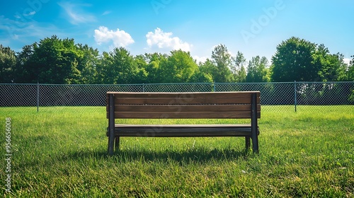 Wooden bench against chain-link fence, lush green grass field, sunny day, outdoor sports area, clear blue sky, trees in background, photorealistic, sharp focus.