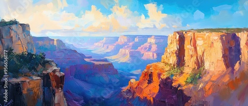 Oil painting depicting a majestic canyon landscape with vibrant colors and dramatic cliffs