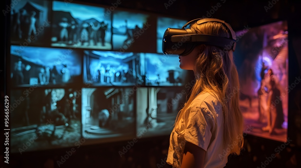 A future museum, where visitors interact with AI guides and explore historical events through immersive virtual reality experiences A future museum, where visitors interact with AI guides and explore historical events through immersive virtual reality experiences