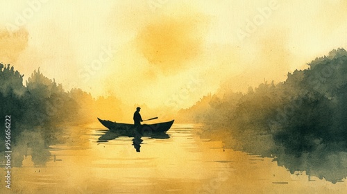 Watercolor painting of a river featuring the silhouette of a man on a raft depicting a ferryman in a boat with reflections captured in the hand drawn illustration