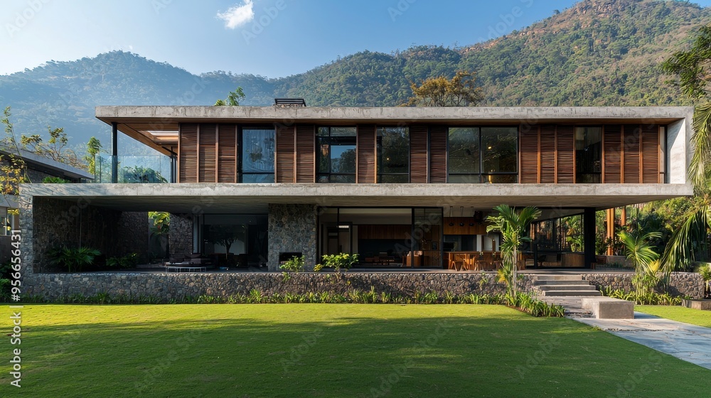 Fototapeta premium A big house with many windows sits on a lush green field