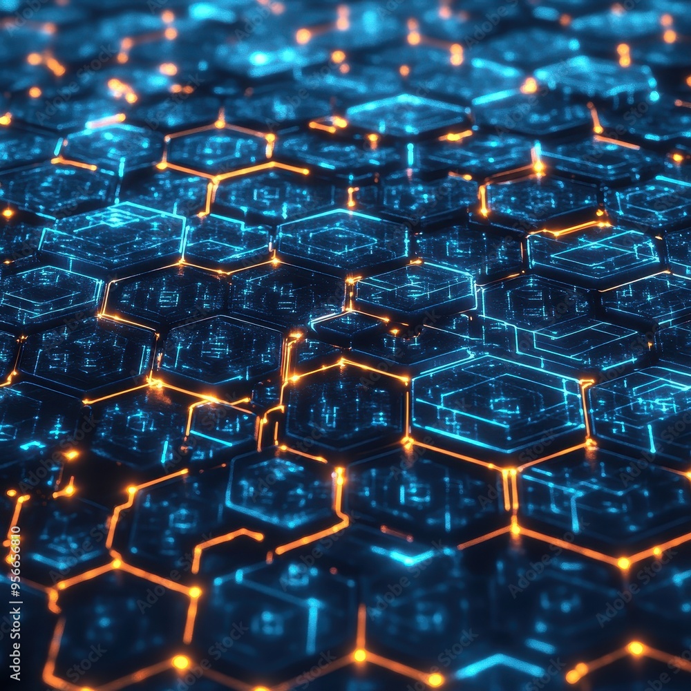 Obraz premium Abstract Futuristic Technology Background with Glowing Hexagon Pattern and Orange Lines.