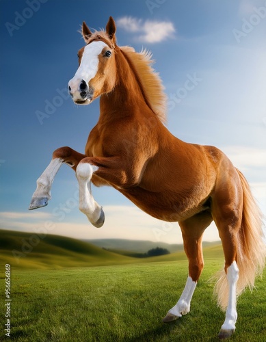 Un caballo realista. de cuerpo completo, de pie sobre las patas traseras.