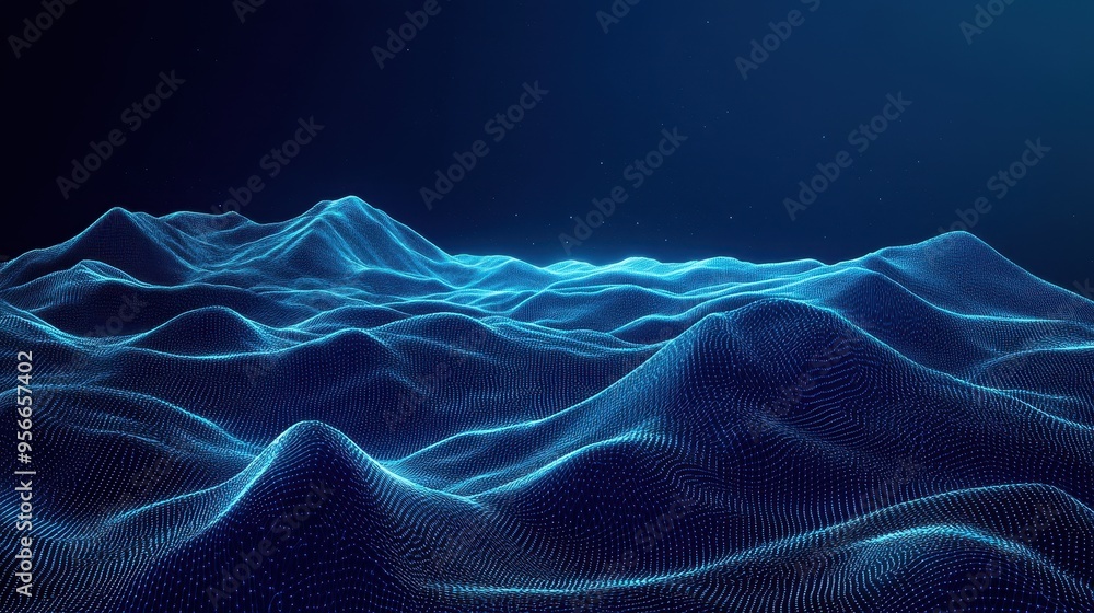 Fototapeta premium Abstract Digital Landscape with Blue Glowing Lines and Dots.