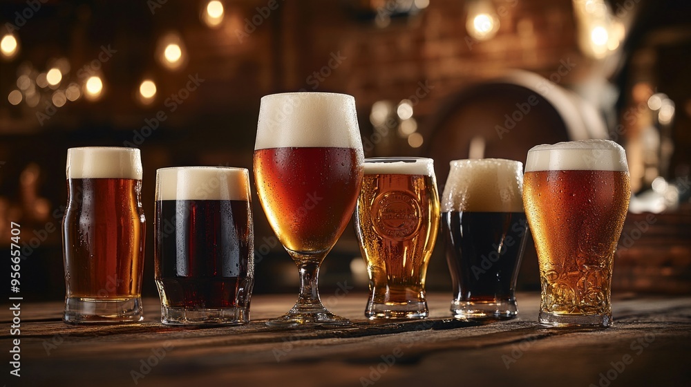 A collection of different beers displayed in elegant glasses. Each glass showcases a unique color and texture. A collection of different beers displayed in elegant glasses. Each glass showcases a unique color and texture.