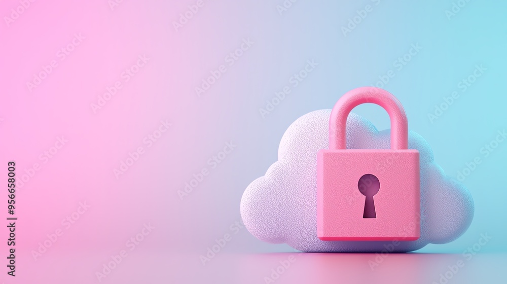 Holographic padlock over a cloud, cloud security concept, 3D illustration Holographic padlock over a cloud, cloud security concept, 3D illustration