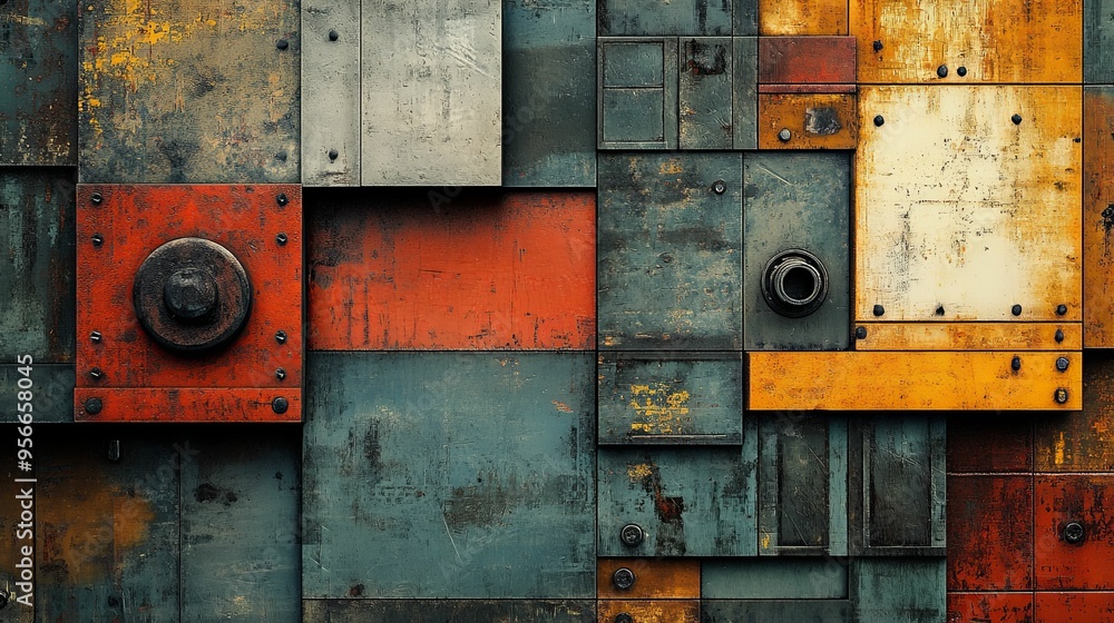 A Wall Composed of Various Colored Metal Panels A Wall Composed of Various Colored Metal Panels