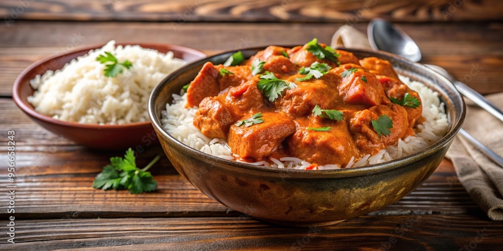 Chicken tikka masala with rice in a bowl on wooden background reflected, delicious, meal, culinary, aromatic, tabletop, flavorful, dinner, dish, curry, bowl, comfort food Chicken tikka masala with rice in a bowl on wooden background reflected, delicious, meal, culinary, aromatic, tabletop, flavorful, dinner, dish, curry, bowl, comfort food