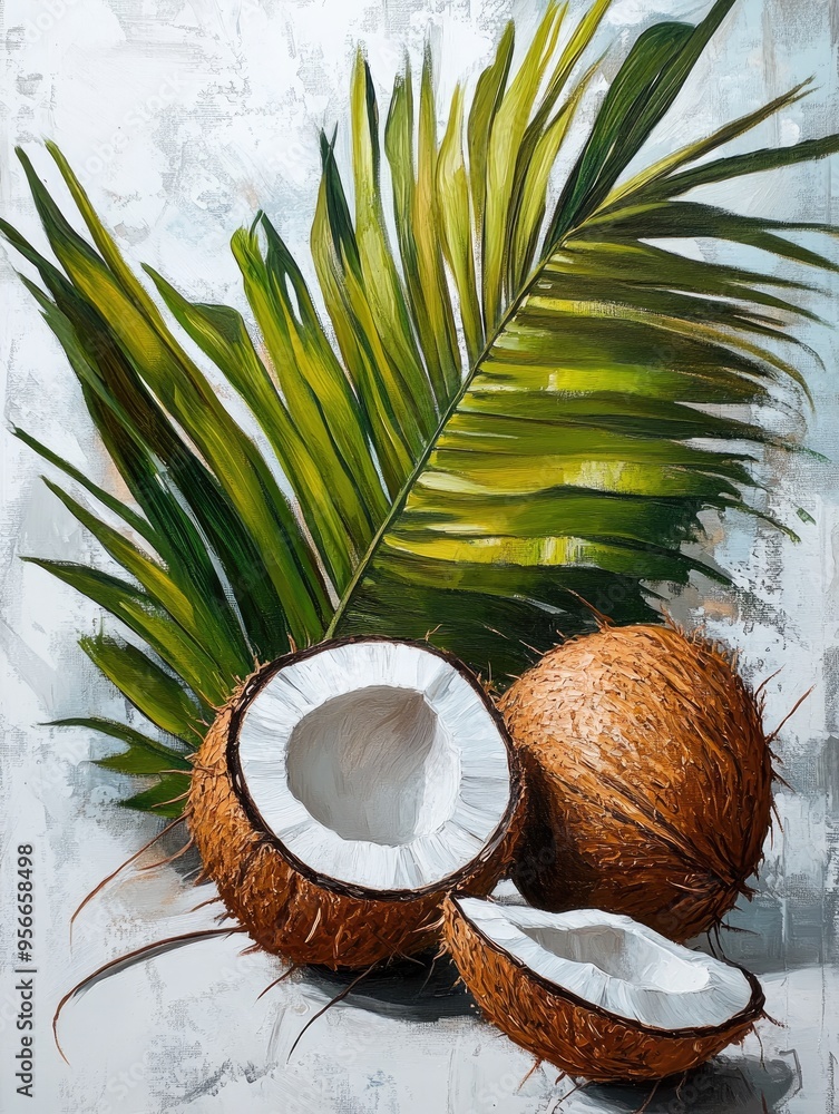 Still life oil painting featuring coconuts and palm leaves on a white background showcasing natural elements and tropical foliage Still life oil painting featuring coconuts and palm leaves on a white background showcasing natural elements and tropical foliage