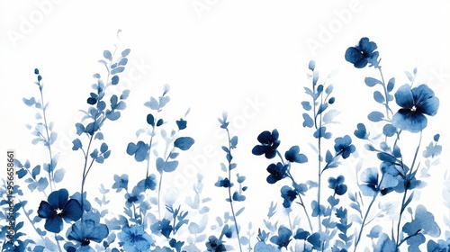 Watercolor illustrations featuring blue flowers and plants on a white backdrop hand painted for use in designs and invitations