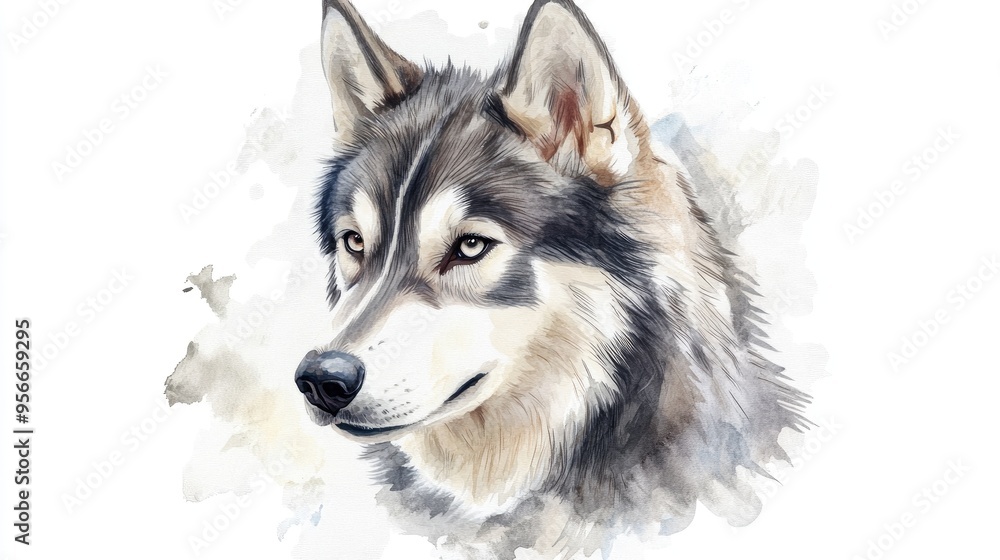 Obraz premium Watercolor portrait of a Siberian Husky dog illustrated and isolated on a transparent white background