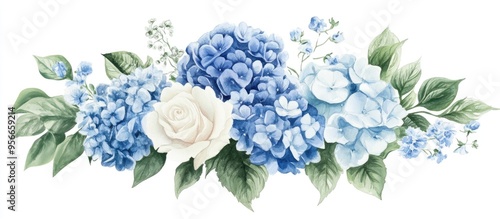 Fototapeta Naklejka Na Ścianę i Meble -  Watercolor illustration of wedding flowers including blue and white jasmine hydrangea and roses