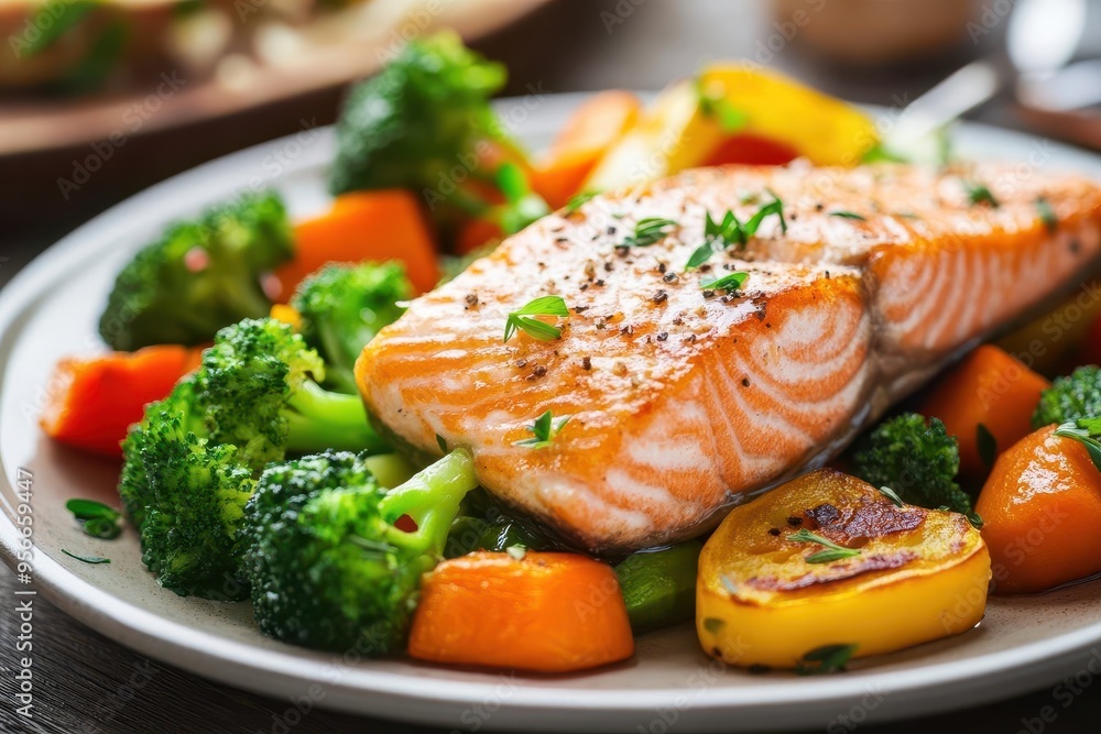 Salmon fillet with steamed vegetables on a plate, rich in omega3 fatty acids, brainboosting dinner Salmon fillet with steamed vegetables on a plate, rich in omega3 fatty acids, brainboosting dinner