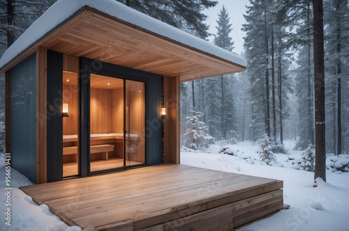 Modern industrial sauna in the snowy forest, wooden sauna with warm light
