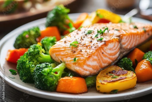 Salmon fillet with steamed vegetables on a plate, rich in omega3 fatty acids, brainboosting dinner