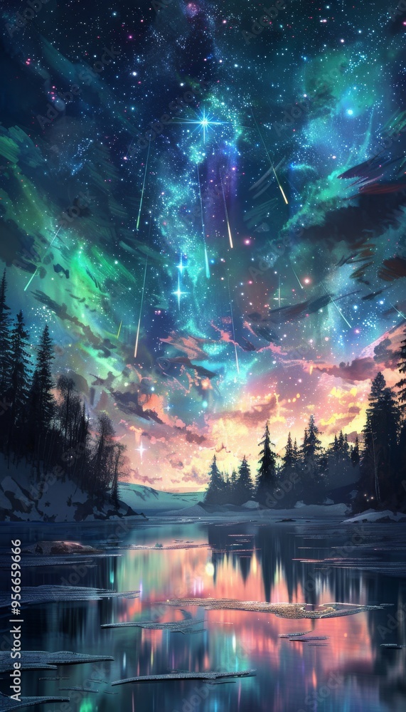 Magical Forest Night Sky with Shooting Stars and Aurora Borealis Reflection in Lake Magical Forest Night Sky with Shooting Stars and Aurora Borealis Reflection in Lake