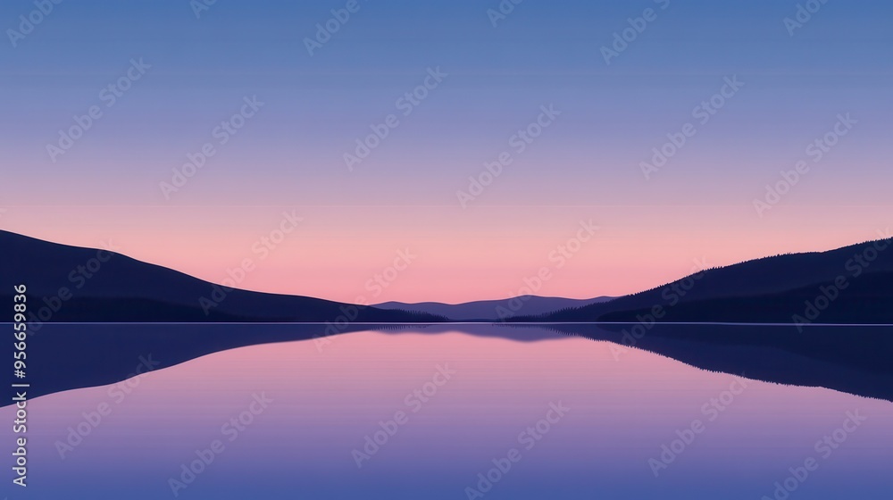 Fototapeta premium Serene Sunset Over Still Lake with Mountain Reflections.