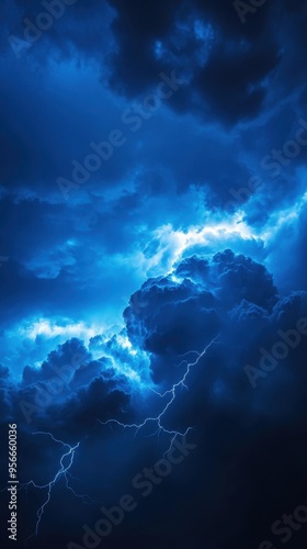 Dramatic sky featuring electric lightning in deep blue clouds, perfect for nature and weather-themed projects.