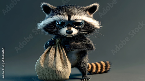 cartoon raccoon with exaggerated features, wearing a mask and holding a bag of loot photo