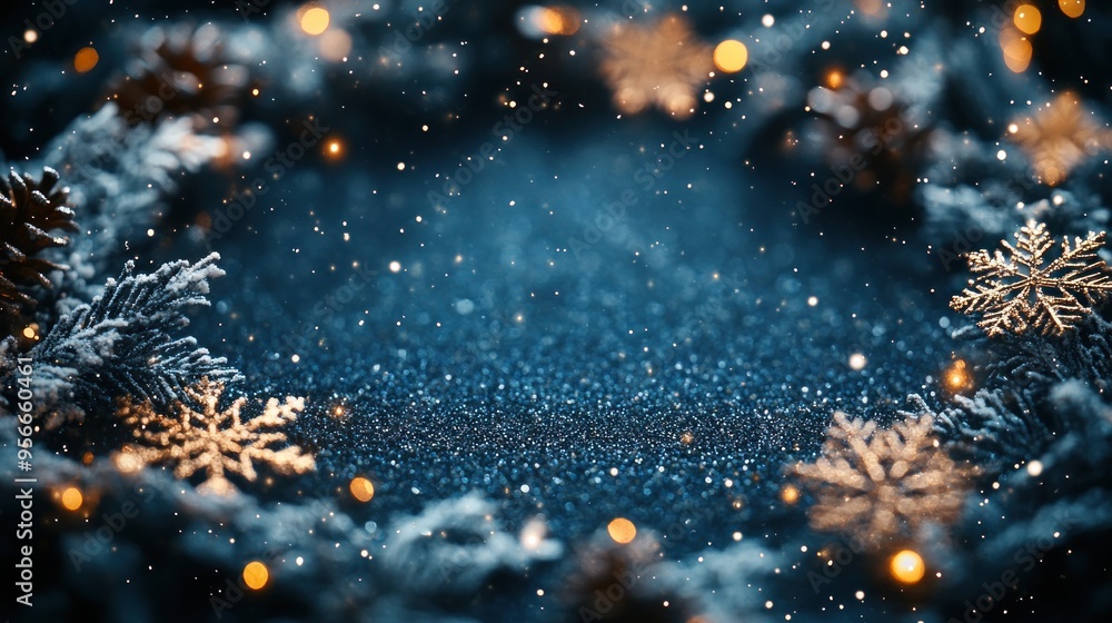 Snowflakes gently falling around a Christmas circle frame, with glittering accents in a dark night sky. Snowflakes gently falling around a Christmas circle frame, with glittering accents in a dark night sky.